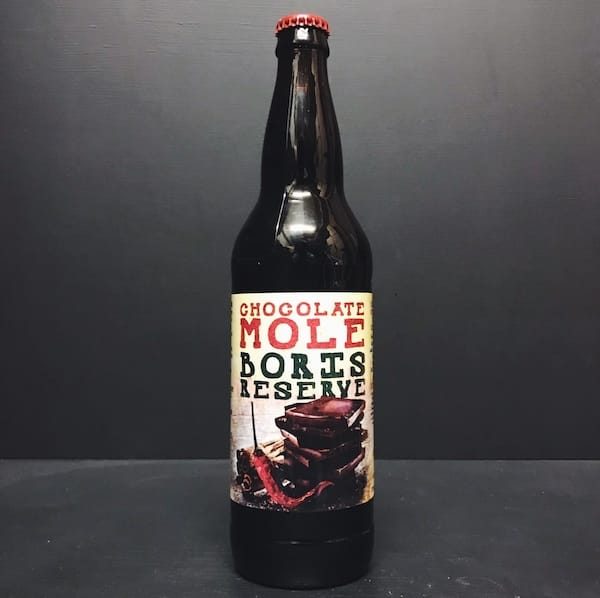Hoppin Frog Chocolate Mole Boris Reserve Imperial Stout with chocolate, cinnamon and cayenne pepper. USA vegan